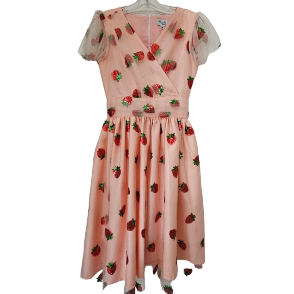 Nwot Magnolia Park Peach w/ Sequined Strawberries Faux Wrap Flutter Sleeve Dress - Picture 3 of 17